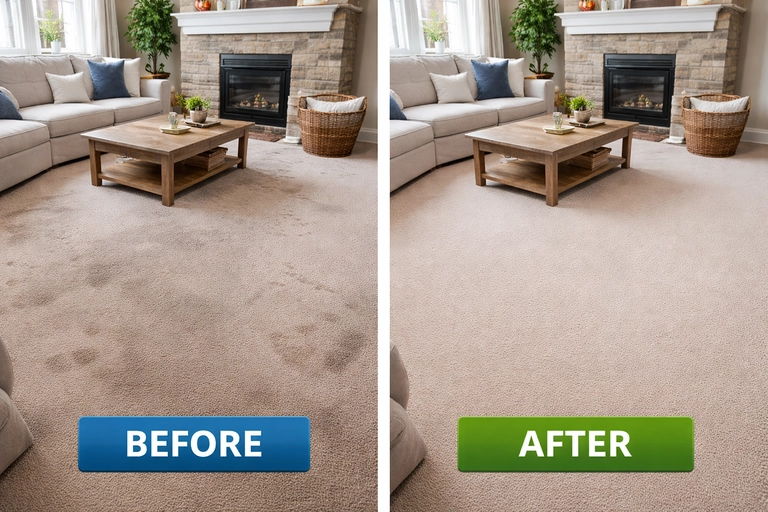 Before and after carpet cleaning in Okotoks showing stained beige carpet restored to a cleaner, fresher appearance in a residential living room.