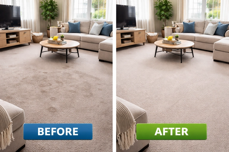 Professional carpet steam cleaning in Okotoks with before and after results in a residential living room.