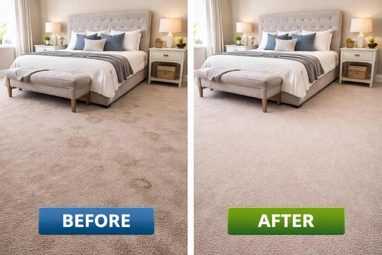 Professional bedroom carpet steam cleaning in Okotoks with before and after results in a residential home.