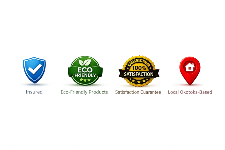 Insured and eco-friendly carpet cleaning company in Okotoks with satisfaction guarantee and local service trust badges.